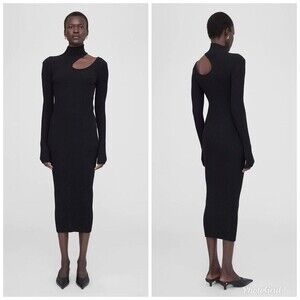NWT Anine Bing Victoria Cutout Black Turtleneck Rib Knit Dress L